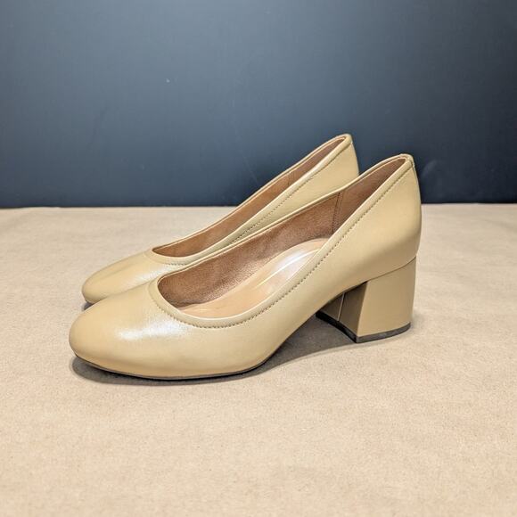 Vionic Carmel Tan Leather Block Heels Slip On Womens 7 Round Toe Officewear Corp - Picture 2 of 6